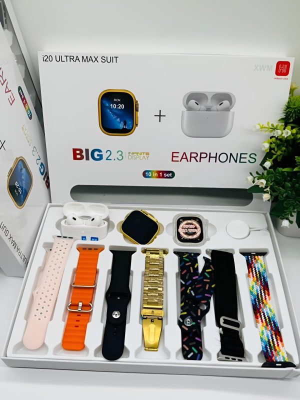 I20 Ultra Max Suit Smart Watch 10 In 1 Box 2.3inch Large Screen With 7 Strips Smartwatch With FREE Airpords2 (random Color)